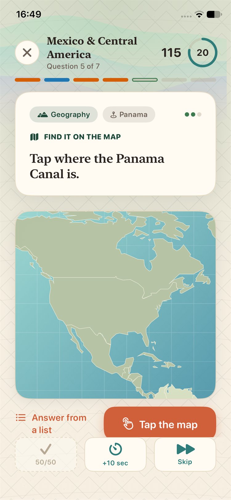 A map question with a pin dropped near the answer